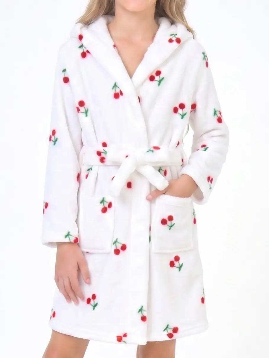 Kids Robe Girls Robe | White Cherry Print Hooded Bathrobe | Kids Robes for Girls Soft Flannel Fleece Plush Robe | Cute Cozy Toddler Girl Sleepwear Loungewear | Robes for Girls Girls Robes Warm Nightgown Birthday Gifts