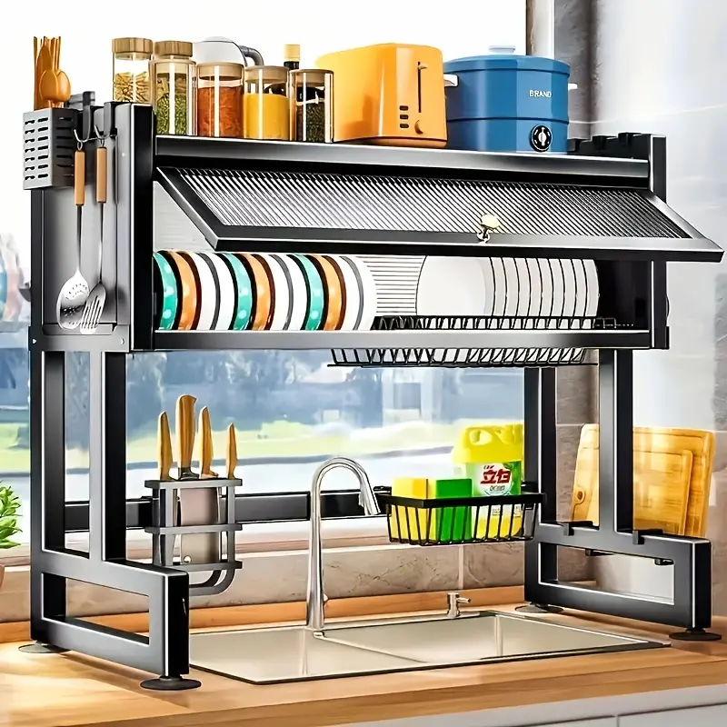 1pc Multi-Tier Drainage Rack Kitchen Sink Countertop Dustproof Storage Storage Bowl Drying Rack Household Chopsticks Drainage Rack Black Kitchen Shelf