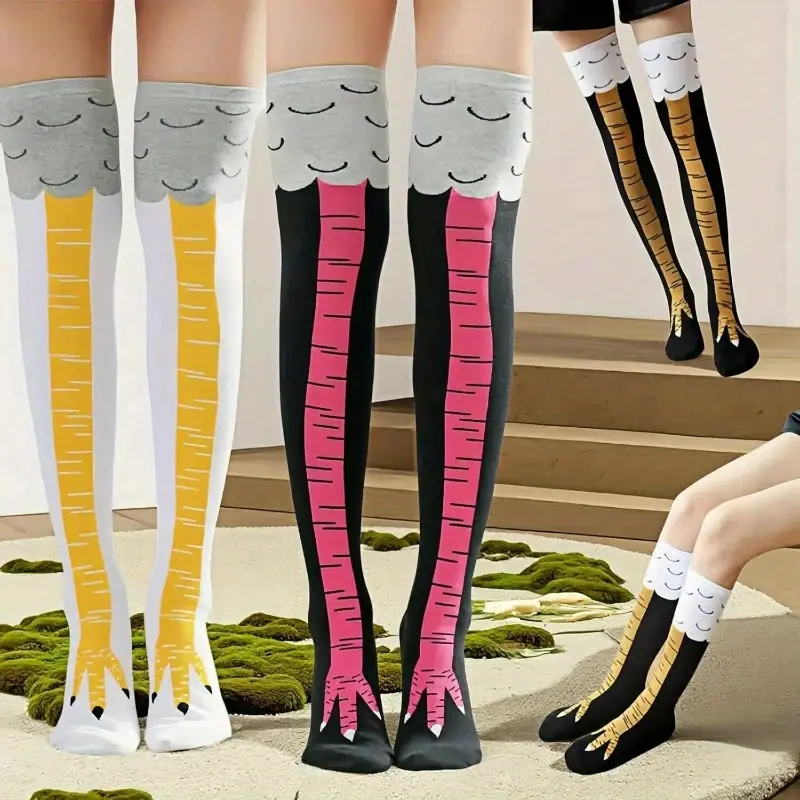 Women's 3-Pack Funny Graphic Knee Socks, Stretch Fit Cotton Blend Optical Illusion for Teens, Slim Look in Pants, Laugh-Out-Loud Sock Gag Novelty Party/Role Play Mix Color Gift, Whimsical, Party Wear, Lady, Knee-Length, Chicken Leg Humor, Viral “Chicken”