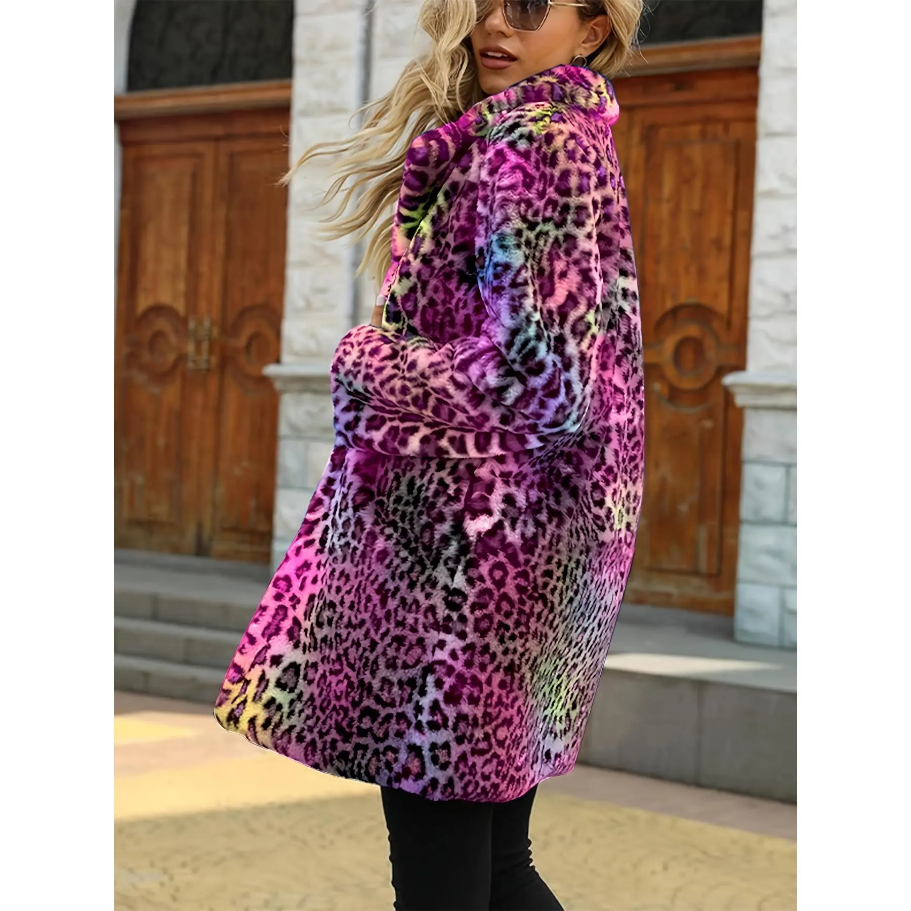 Elegant Leopard Print Coat, Women's Plush Faux Fur Knit Winter Outerwear with a Button-Front and Pockets, Clothes, Fabric, No Elasticity, Tops, Knitting, Animal Print Pattern Women's Real & Faux Fur Jackets, Lady, Do Not Dry Clean