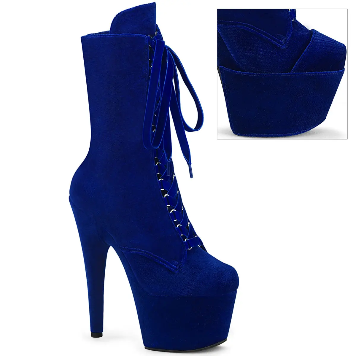 Women's 7-in Navy Blue Velvet Lace Platform High-Heel Boot, ADORE-1045VEL Women's Platform Footwear, Platforms