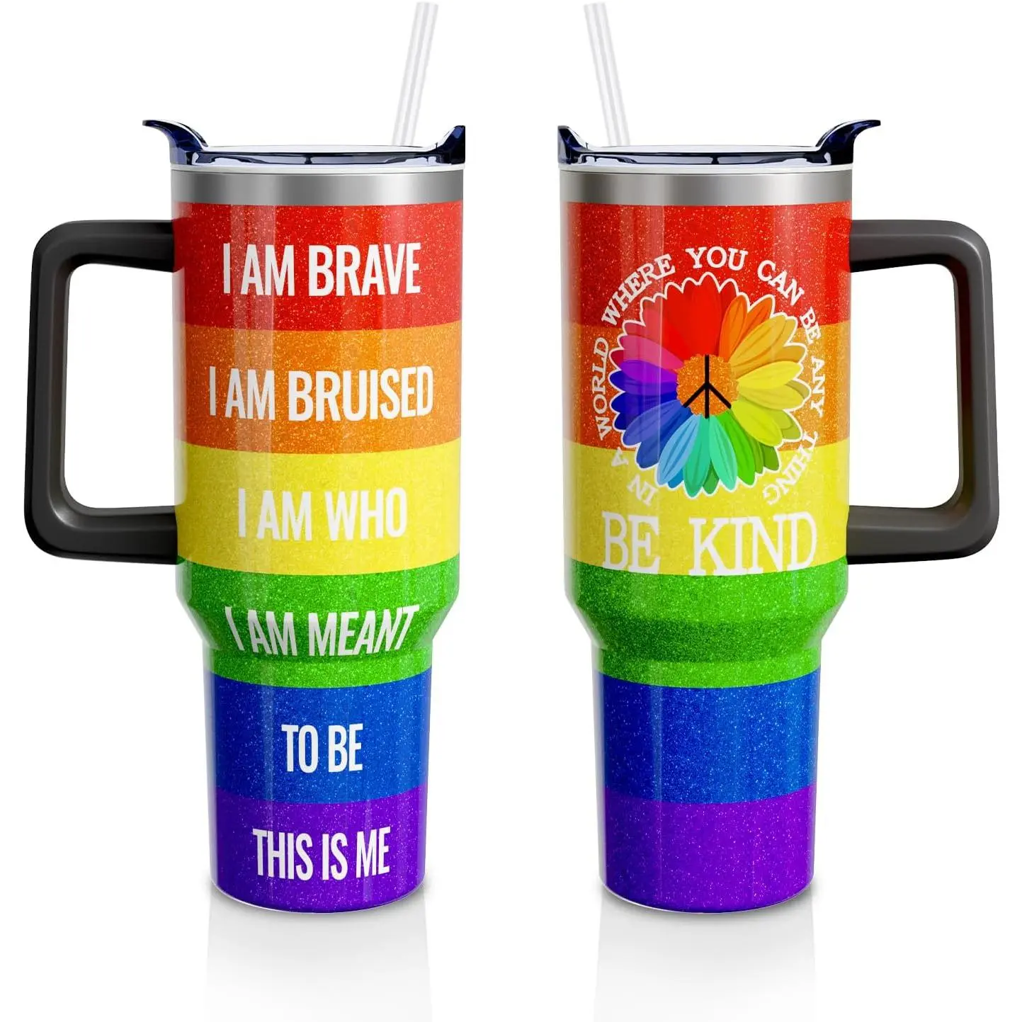 40 Oz Stainless Steel Insulated Rainbow Pride Tumbler - Stainless Steel, Insulated Tumbler, Leakproof Straw, Non-Toxic, On-the-Go Water Bottle with Airtight Lid, Handle, Mug Design, Be Kind Aesthetic for LGBT Pride Women's Birthday Gift (1PC), Stainless S