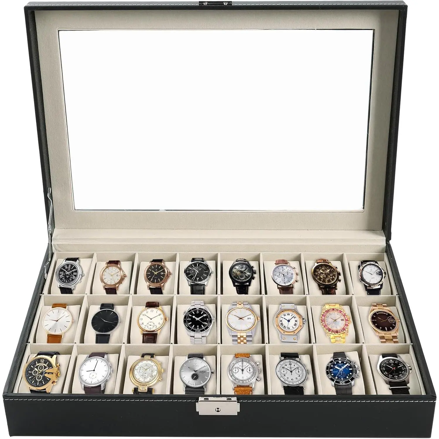 Watch Box 24 Slot Elegant Portable Black Watch Collection Box Case  Men & Women