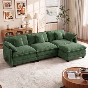 【3 Packages Shipping】GuroMagicSofa 111.5'' L-Shaped Modern Sofa Modular Sectional Cloud Couch with 1 Ottoman, Comfy Chenille Deep Seat Sofa Bed with 5 Pillows for Living Room, Bedroom and Apartment, 3-Seater