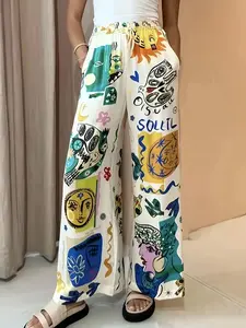 Women's All Over Print Pocket Wide Leg Woven Pants, Boho Aesthetic Casual Elastic Waist Trousers for Daily Wear Vacation Holiday, Ladies Bottoms for All Seasons