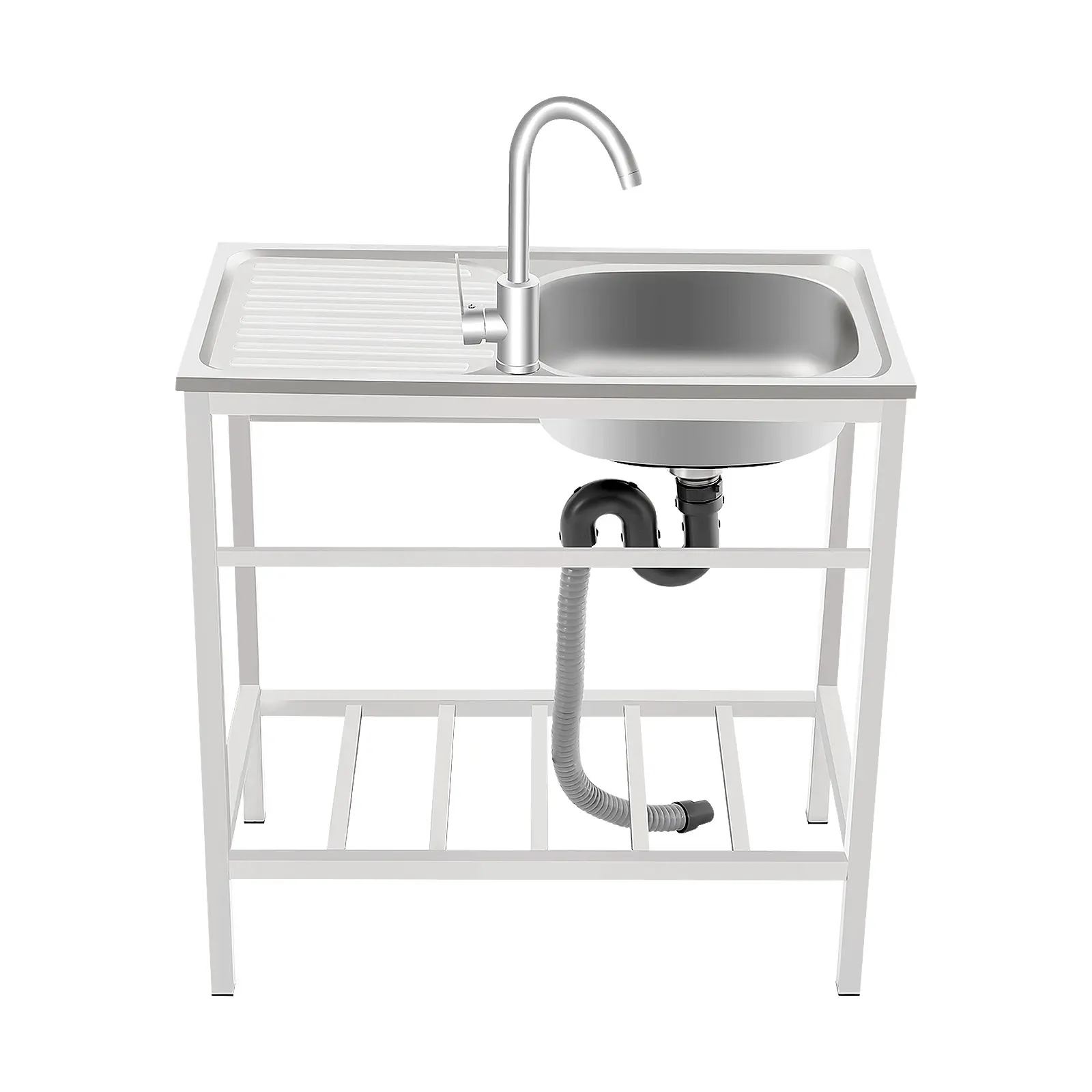 Freestanding Rectangle Rustproof Steel Single Bowl Sink - 360° Swivel Faucet, Bottom Storage Shelf, 13.7x12.2x5.12in Large Basin, 66lbs Load Bearing, Honeycomb Soft Flow, Modern Metallic ABS Adjustable Home Supply for Kitchen, Laundry Room, Garage
