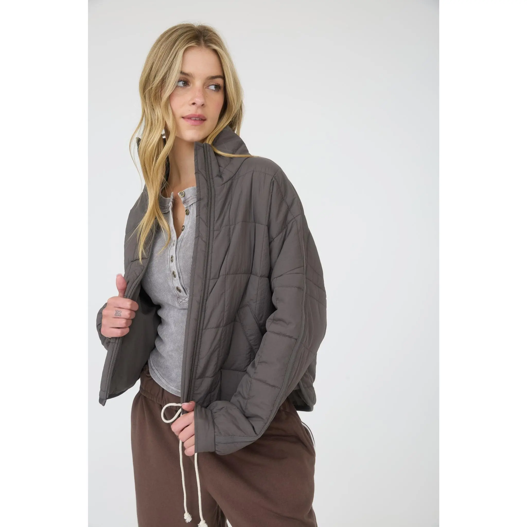 Quilted Square Zip Up Puffer Jacket