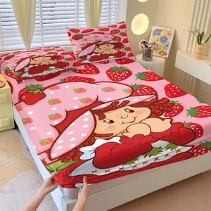 3-Piece Sweet Strawberry Girl Children's Bedding Set, Pink Cartoon Berry Print Fitted Sheet Set, Cute and Kawaii Girl Bedroom Decor, Soft, Comfortable, Breathable and Skin-Friendly, Includes 1 Fitted Sheet and 2 Pillowcases
