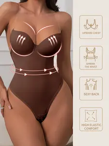 Women's Adjustable Strap Shapewear Bodysuit with Bra, Push-Up & Tummy Control, Casual All-Season Undergarment, Thin Ruched Design