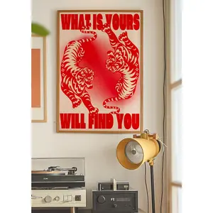 Tiger Poster, 70s Poster, Affirmation Poster, Aesthetic Art, Red Wall Art, Trendy Art Prints, Vintage Poster, Psychedelic Art, Retro Poster