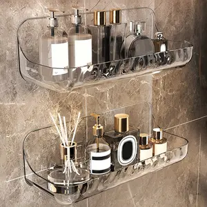 Acrylic Transparent Storage Rack Bathroom Wall Mounted Punch Free Cosmetic Display Stand Storage Tray Makeup Organizer Bathroom Kitchen Shelf