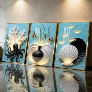 3Pcs Aluminum Alloy Framed Painting, Ocean Octopus Fish Shell Art Picture, Home Decoration For Living Room, Bedroom, OfficeWall Decor, Odorless Print Artwork, Luxury Perfect Gift For Friends And Family