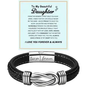 Graduation Gift  To My Daughter Love You Forever Bracelet, Mother and Daughter Braided Leather Inspirational Wristband Stainless Steel Infinity Knot Engraved Bangle Gift from Mom