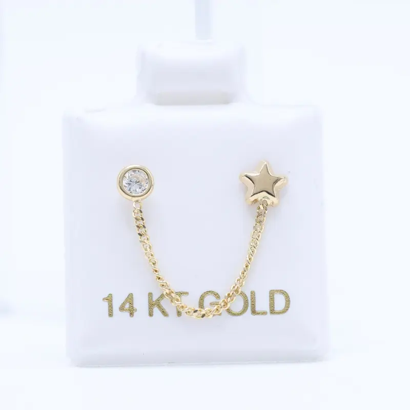 14KT Gold Single Star Chain Earring - For Double Ear Piercing