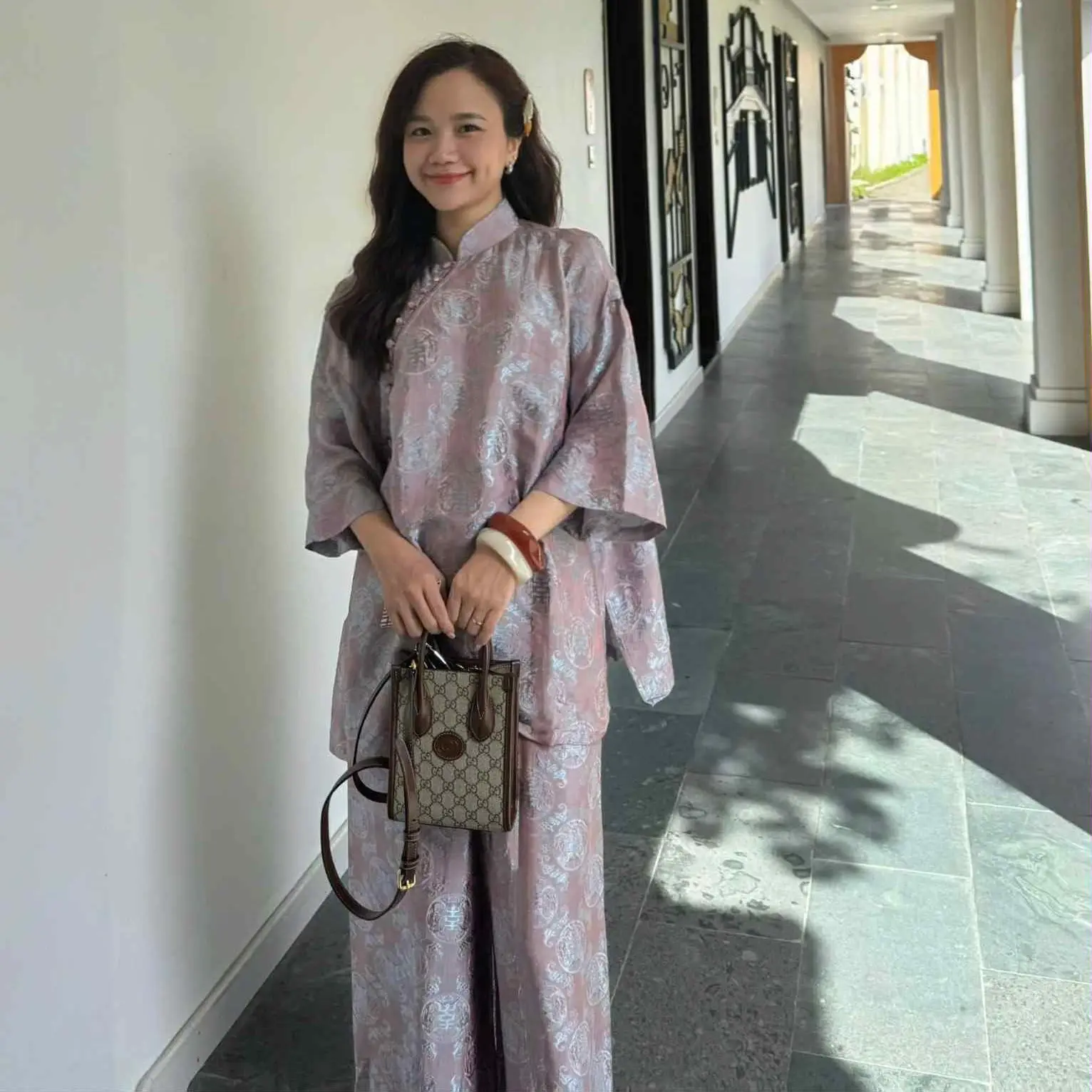 "KY" Ao-Ngan (Shorter version of Ao-dai) with Flare Sleeve - Wormsilk in Mauve Dust