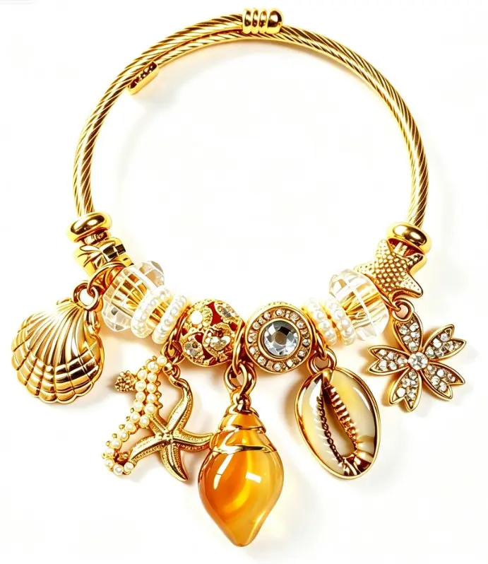 Ocean Beach Themed Twisted Wire Bangle, Gold Tone Seashell Starfish Conch Crystal Charm Bracelet, Adjustable Summer Wrist Jewelry Gift for Women Girls Exquisite Bracelet Wristband Bracelet