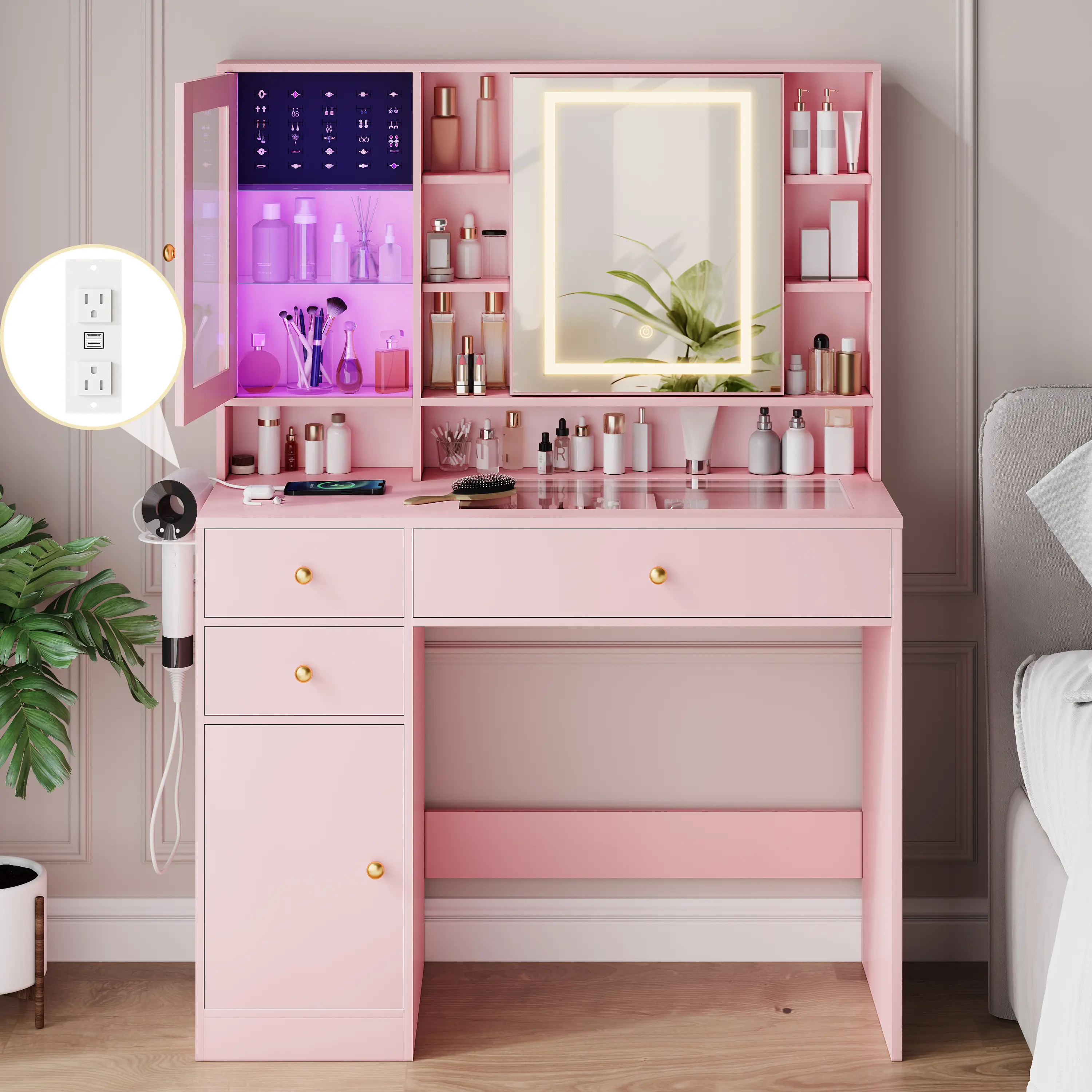 Small Space Vanity,Makeup Vanity Desk with Mirror and Lights,  LED Lights & Power Outlet, 3 Drawers & 2 Cabinets, 8 Storage Shelves, Adjustable Lighting，Dressers for bedroomVanity mirror fathers day gift ideas