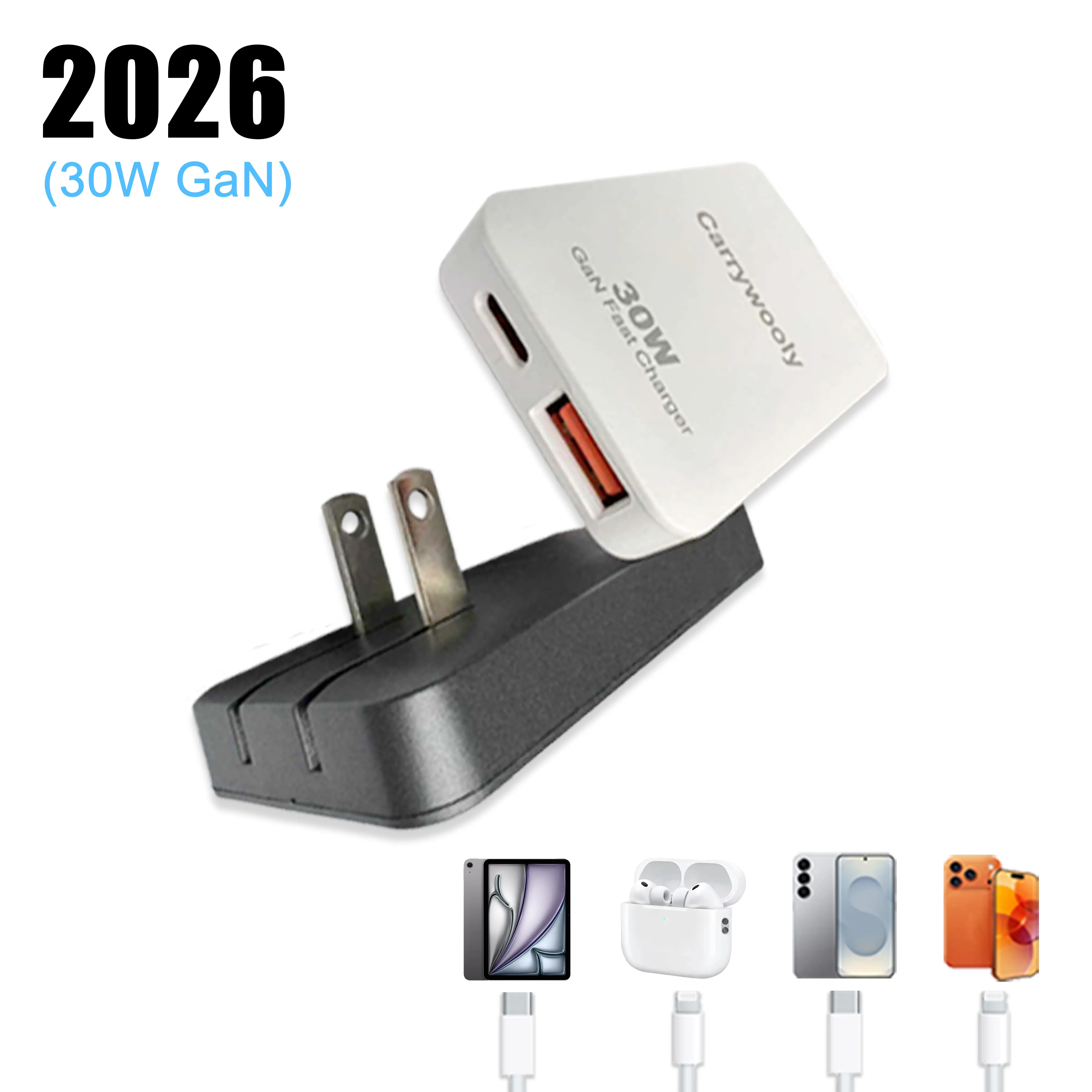 30W 2-in-1 Portable GaN Ultra-thin Pocket Mobile Charger Adapter Plug - USB-C, Lightning Ports, Foldable Christmas Electronic Accessory for iPhone 17/Pro/16/15/14/13, iPad, Travel Essentials