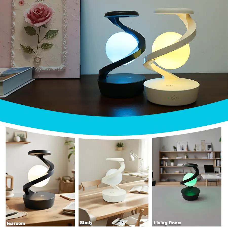 Novel and multi-functional suspension rotating desk lamp USB wireless charging function Indoor desk lamp RGB fantasy lighting Leisure and entertainment atmosphere desk lamp Rotary floating hand scanning control lighting