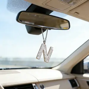 6pcs Rhinestone Letter Car Hanging Decorations, Fashion Personalized Style with Rope, Rearview Mirror Decoration, Car Interior Accessories, Car Ornament, Boujee Car Accessories
