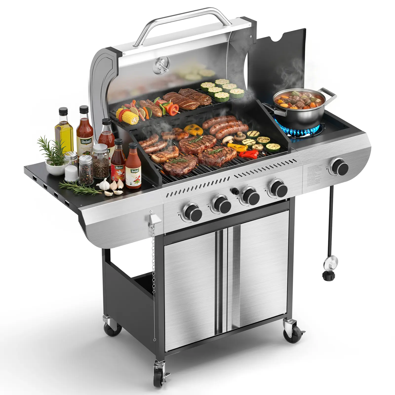 COWSAR 4-Burner Propane Gas Grill, 42000 BTU Stainless Steel BBQ Grill with Side Burner, Porcelain-Enameled Grills for Outdoor Patio Barbecues & Backyard Cooking summerwins