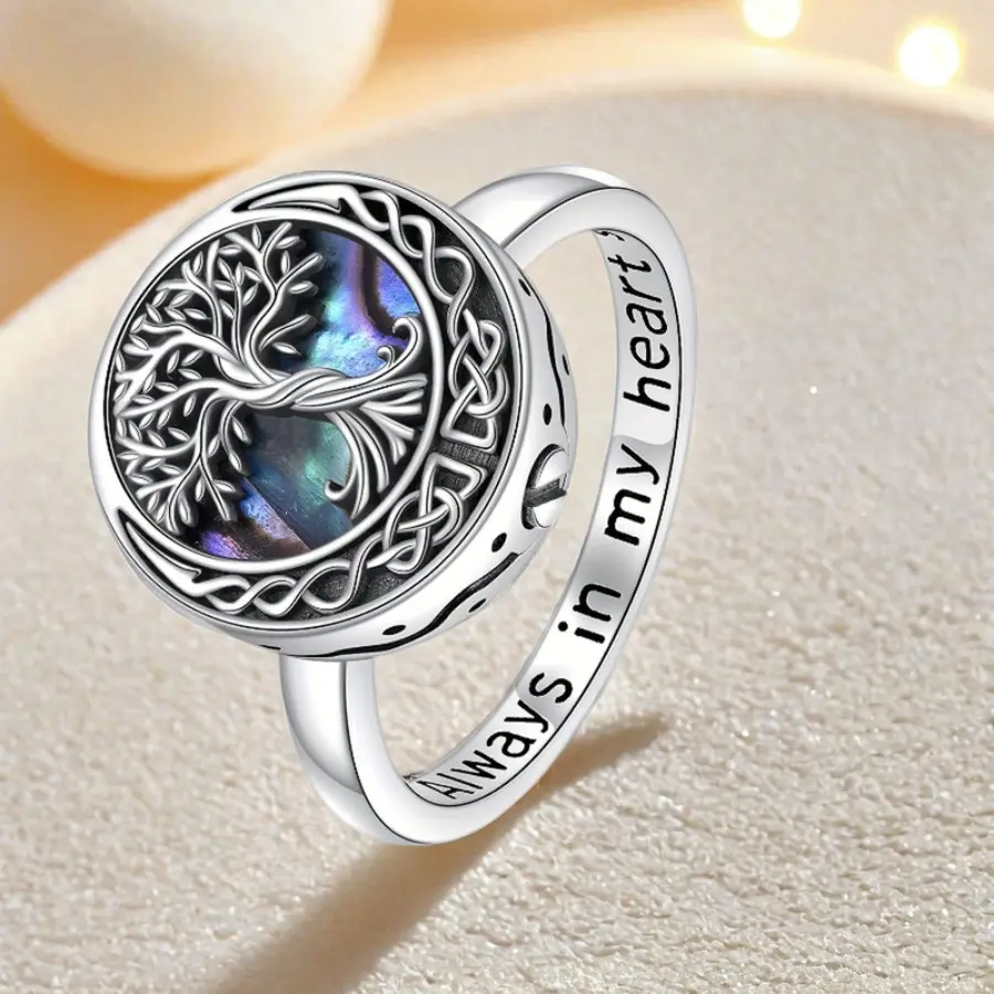 Tree of Life Ashes Ring Celtic Souvenir Engraved Letters Always In My Heart Cremation Ring for Men Women Shell Ring Easter Carnival Exquisite Accessories Daily Wear Custom Jewelry