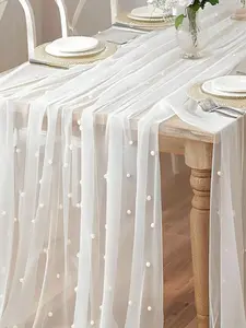 Pearl Mesh Table Runner, Wedding Veil, Dessert Tablecloth, Boho Style, Chiffon Sheer, Lightweight, Pearl Lace, Party Decoration, Party Supplies, Bridal Shower Gift