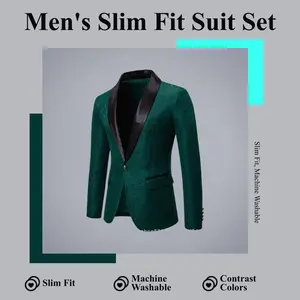 Men's Slim Fit Suit Set - Jacquard Lining, Machine Washable, Contrast Colors, Spring 2026, Youth Fashion, European & American Style, Regular Length, Long Sleeve, Flap Pocket - Clothes, Fabric