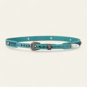 Handtooled  Hat Band - Feather Studs - Turquoise