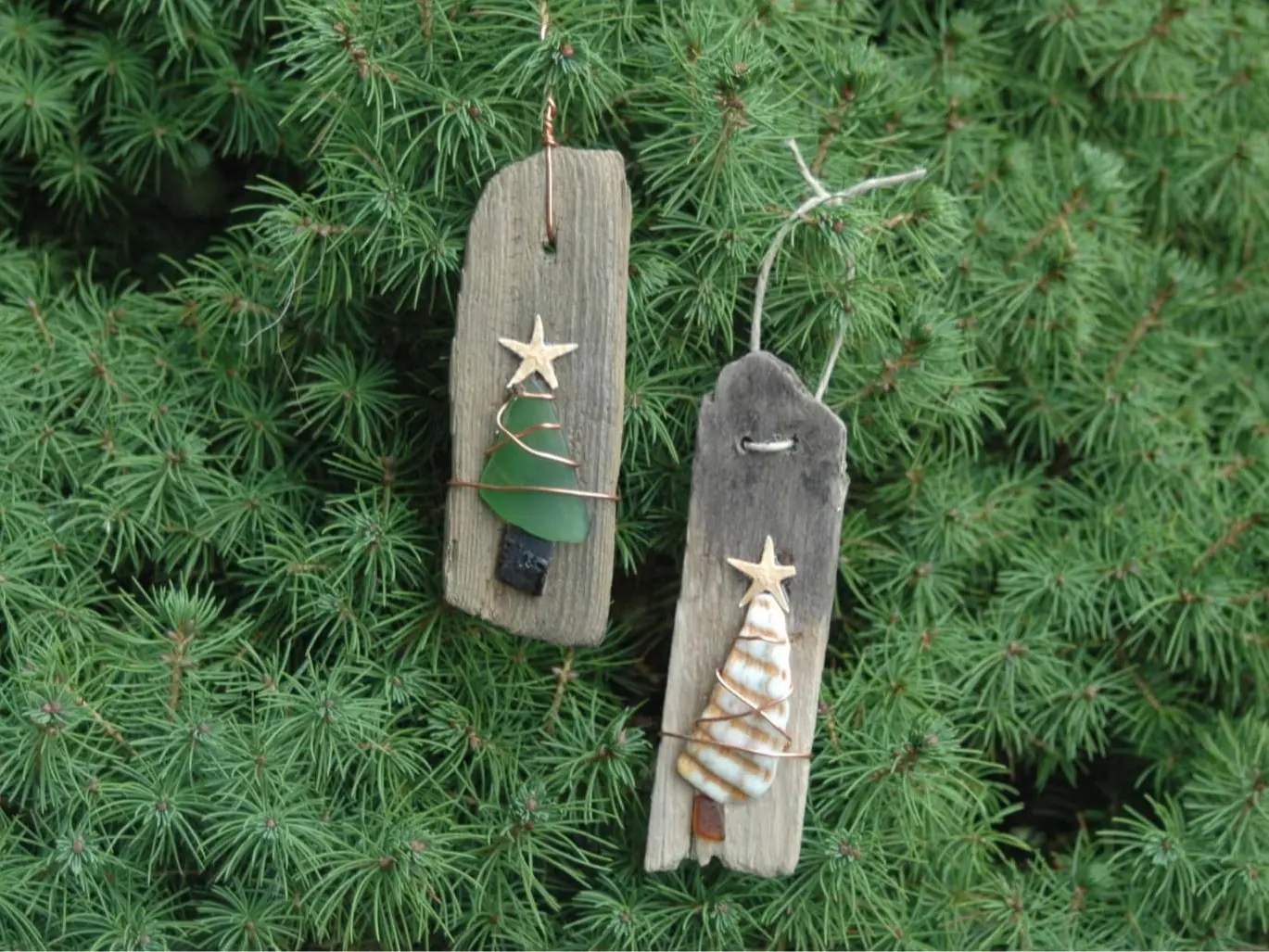 Driftwood Sea Glass and Shell Christmas Tree Handmade Ornaments -Set of 2, Handmade ornaments, Beach ornaments, Coastal Christmas