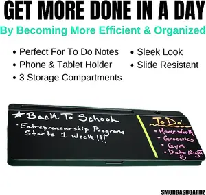 SmorgasBoardz - Premium Black Glass Desktop Dry-Erase Whiteboard - Compact Board with Storage, Ideal for Office, Home Desk, or School Use Sleek Design for Organized Workspace, 2023 Enhanced Version