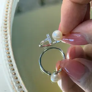 SR Pearl Co. Freshwate Pearl Ring Pearl Size 6.4mm and 4.3mm Baby Pearl S925 Silver Ring One Size Fits ALL Women Gift