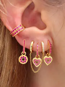 6Pcs Lovely 24K Gold Plated Cubic Zirconia Chain Hoop Earrings Set For Women Red Zircon Cuff Earrings Pack Flower Heart Drop Dangle Earrings Stack