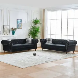 3+3 Seater Chesterfield‌velvet upholstery fabric Sofa with Roll Armrest & Nailhead,Upholstered Mid Century Modern Couch,3 Seater & 3 Seater Couch for Living Room, Office, Apartment, Black    RR