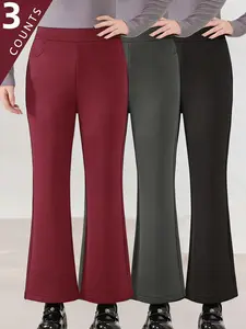 3PCS Plus size High Waist Winter Flare Pants - Women's Fleece-Lined Thermal Wide Leg Bottoms, Cozy & Fashionable for Daily Fitness & Running