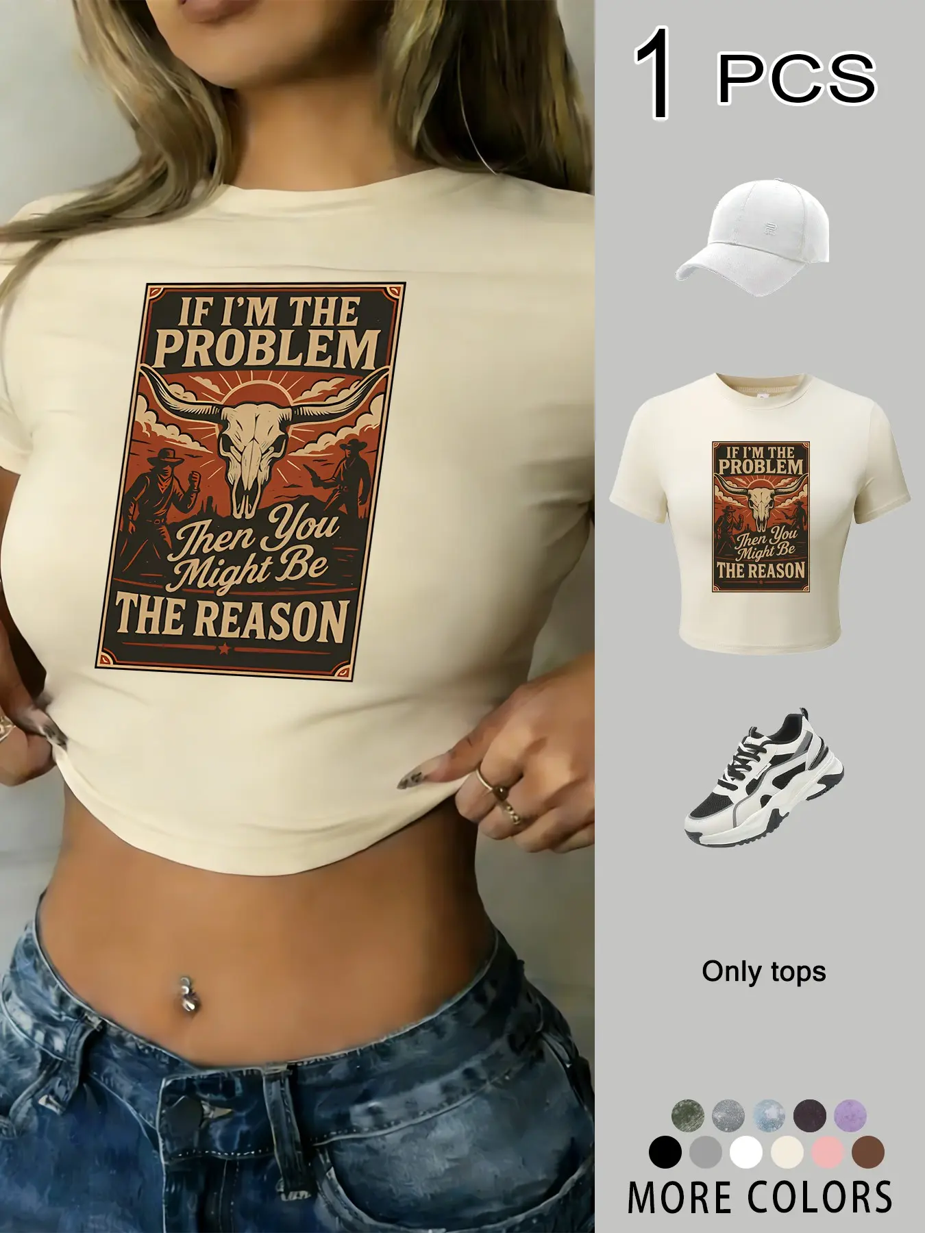 Y2K Western Cowgirl Aesthetic Graphic Crop Top for Women, If I'm The Problem Then You Might Be The Reason Retro Vintage Skull Print Slim Fit Short Sleeve, Round Neck T-Shirt, Casual, Streetwear, Rodeo, Music Festival, for Teen Girls & Young Adults