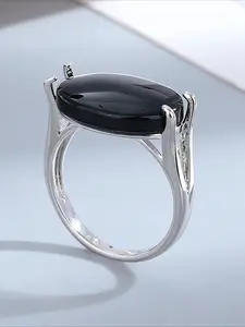 Lover's Black Agate Oval Cabochon Ring, Thick Silver Plated Tone Geometric Split Shank Band For Men Women Couple, Classic Gothic Style Fashion Jewelry, Ideal for Casual, Office, Party & Anniversary Gift