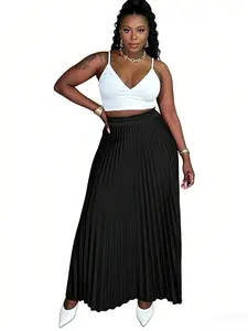 Plus Size Elastic Waist Pleated Long Skirt, Casual Versatile Skirt, Multiple Wear Options, Elegant Fall & Winter Style, Pleated Skirts