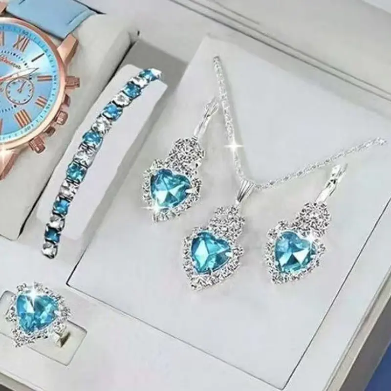 Popular water drop heart-shaped jewelry three-piece set: necklace, earrings, ring, and diamond pendant