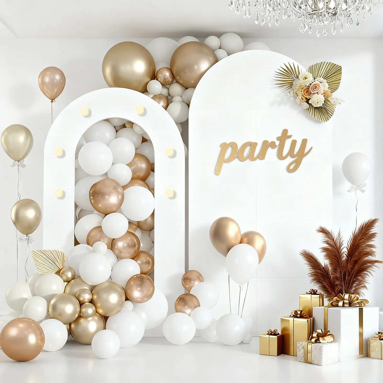 Modern Black White Party Balloon Arch Frame Wall Backdrop Stand, 2-Piece Thicken Foam Board Background with Battery Powered Warm LED Bulbs (No Battery) for Luxury Birthday Decoration, Baby Shower, Engagement