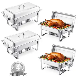 【Summervibes】VEVOR Chafing Dish Buffet Set,  8 Qt 4 Pack, Stainless Steel Chafer with 4 Full Size Pans, Rectangle Catering Warmer Server with Lid Water Pan Stand Fuel Holder, for Weddings Parties Banquets, Silver