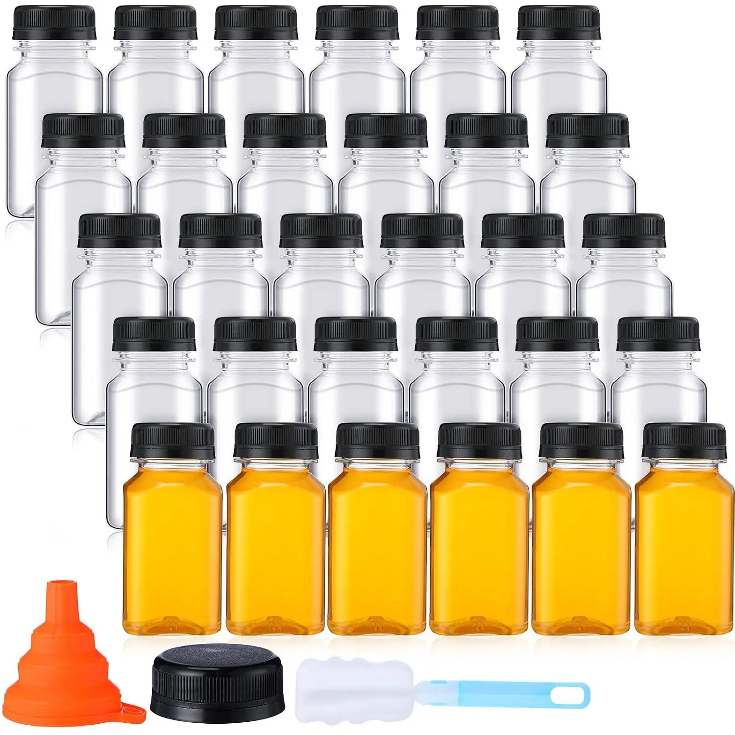 36 Pack 5 Oz Plastic Juice Bottles Bulk With Lids Reusable Transparent Clear Drink Containers With Caps Mini Bulk Beverage Water Bottle With Funnel And Brush For Juicing Milk Drinking (Black Lid)