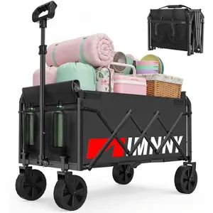 Black Collapsible Wagon Cart, Lightweight Portable Foldable Wagon with Wheels, 220lbs Utility Cart for Grocery, Light Camping, , Easy to Fold & Store(Black)