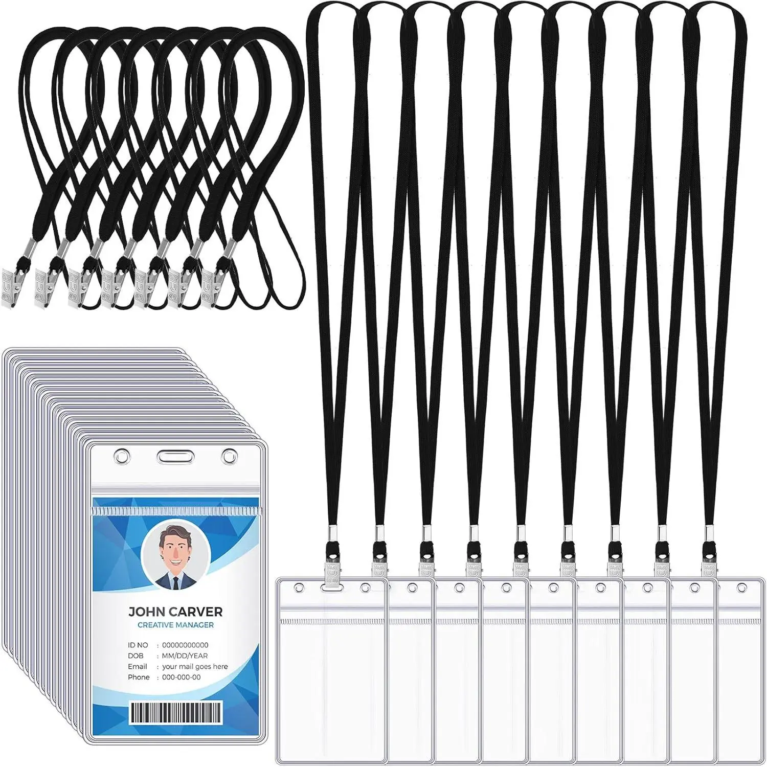 200 count ID Badge Holder with Lanyard Lanyards for ID Badges Resealable Flat  Name Tag with Clip  Plastic Clear Badges Bulk for School Office Supplies (Black)