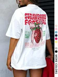 Women's Strawberry Print Round Neck Tee, Fashion Casual Streetwear Fruit Graphic Short Sleeve Fitted T-shirt for Daily Wear, Ladies Summer Clothes, Top, Womenswear, Fabric