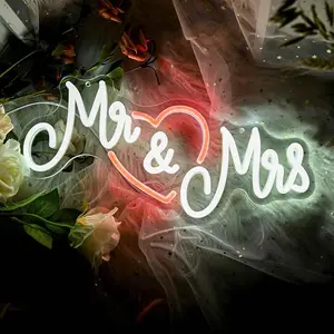 ROSNEK Mr and Mrs Neon Sign - Dimmable Warm White LED Decorative Night Light, Flower-Design USB-Powered Wall Art for Wedding Decor, Anniversary Gift