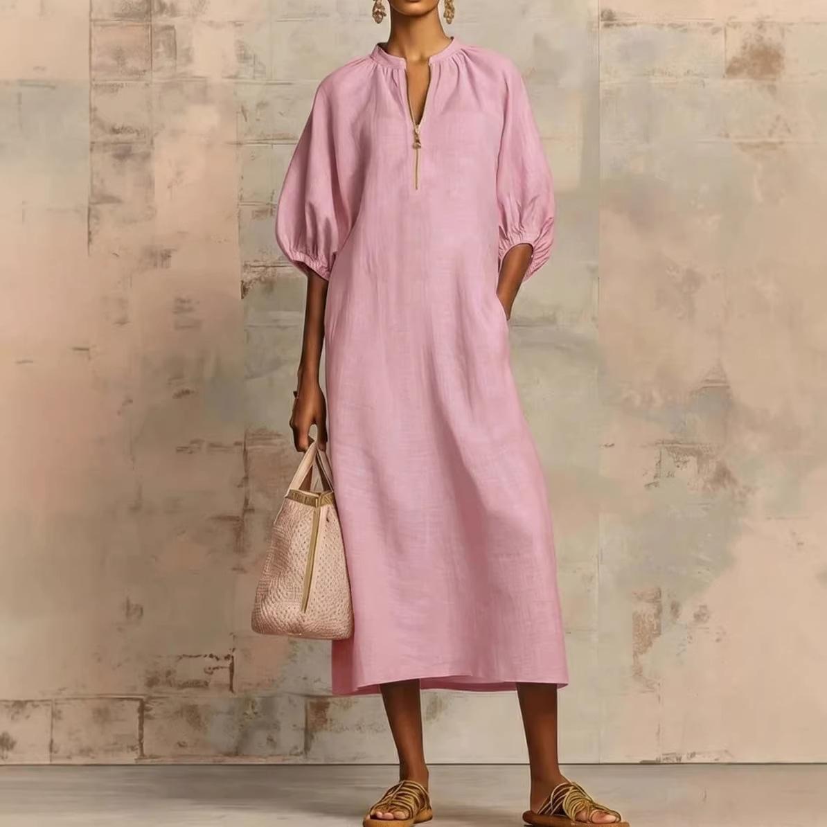 Women's Boho Chic Dress Casual Solid Color Short Puff Sleeve Loose Linen Textured Flowy Sundress Outfit