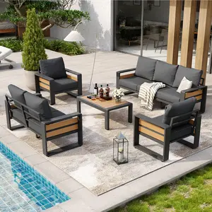【Ships in Multiple Packages】 Aluminum Patio Furniture Set, Luxury Outdoor Sectional for Multiple People with 6” Olefin Fabric Cushions, Patio Conversation Set with Coffee Table and Waterproof Cover for Backyard, Porch