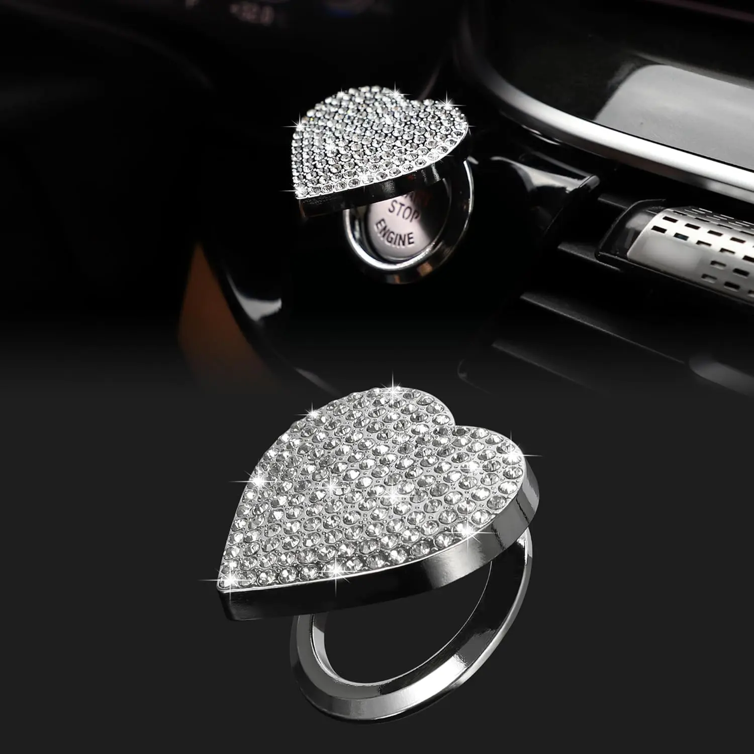 Bling Car Engine Start Button Cover Diamond Interior Crystal Push Start Button Ring Cap Sparkly Accessories Heart Bling Ignition Button Rhinestone Emblem Trim Universal for Car (White)