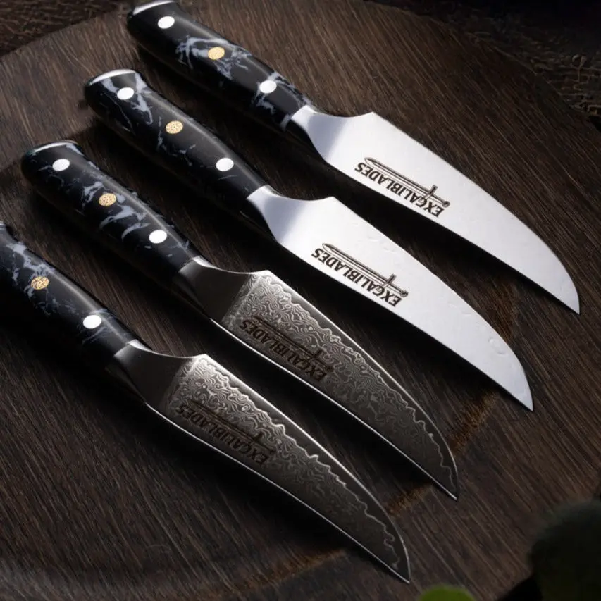 Excaliblades 4-Piece Damascus Kitchen Steak Knives Set for Adults - VG-10 Stainless Steel Knives, Full Tang, Ergonomic G10 Handles, Cutting-Ready, Stone-Sharpened, Gift-Ready Packaging, Layered, Rust-Free Steak Knives